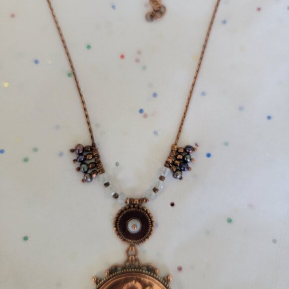 SATELLITE PARIS VINTAGE HAMMERED COPPER PENDANT FEATHER & SEMI PRECIOUS BEADS - Picture 4 of 7